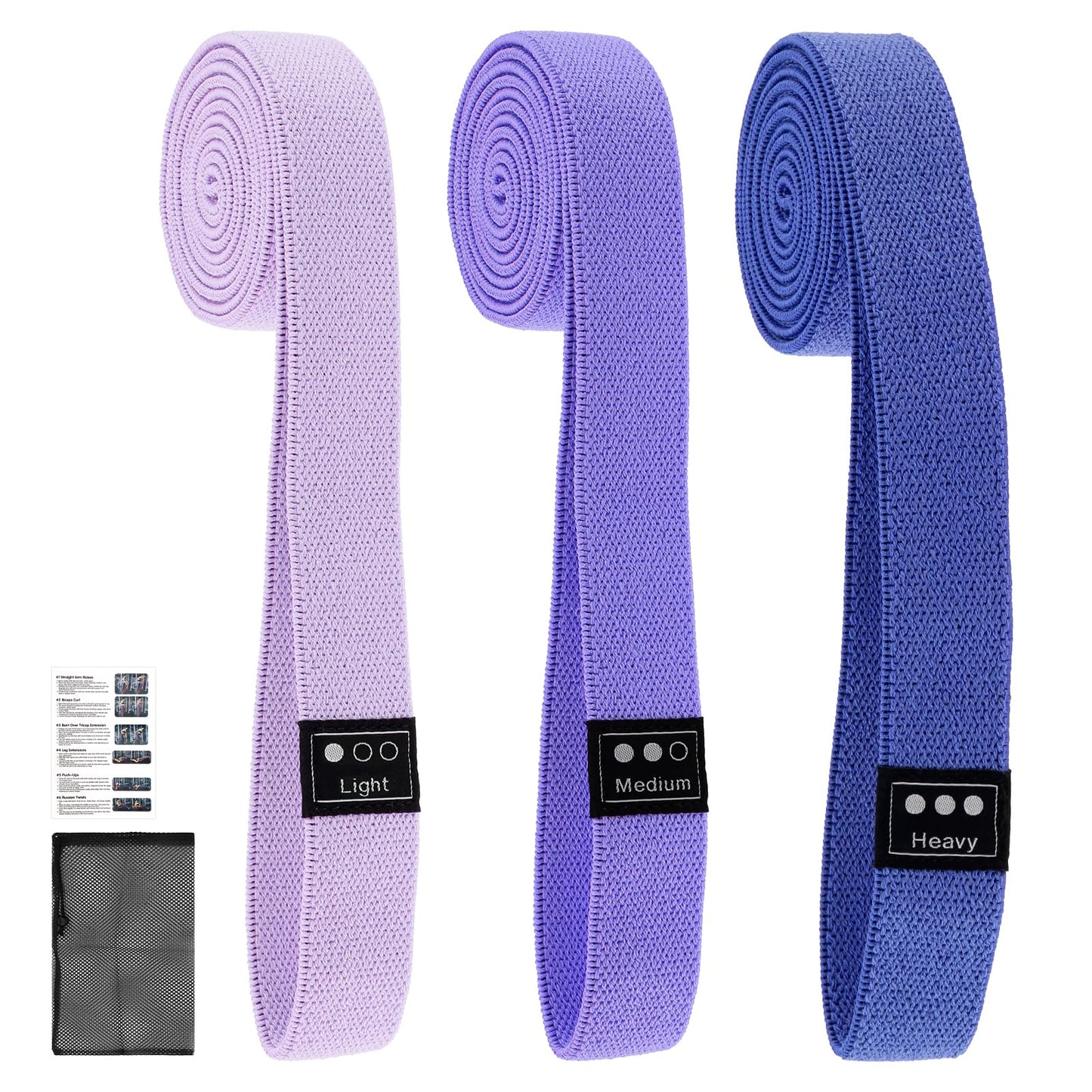Tobefore Fabric Resistance Bands - 3-Pack Set, Long Cloth Exercise Bands for Home Workout Strength Training, Yoga & Pilates | with Storage Bag（Light Pink, Light Purple, Dark Purple）