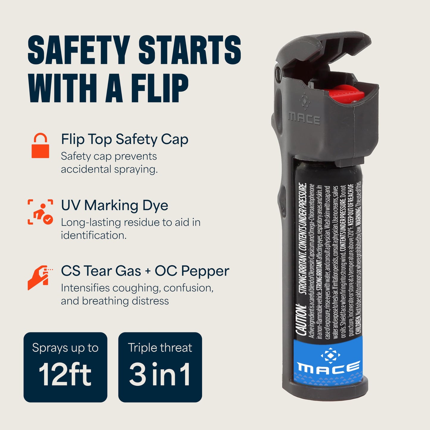 Mace Pepper Spray - 2-Pack Triple Action Personal, 3-in-1 (OC, Tear Gas, UV Dye), Max Police Strength, 0.63 oz, 12 Feet Range, Flip Top Safety Cap, Self Defense Pepper Spray for Women & Men - Black