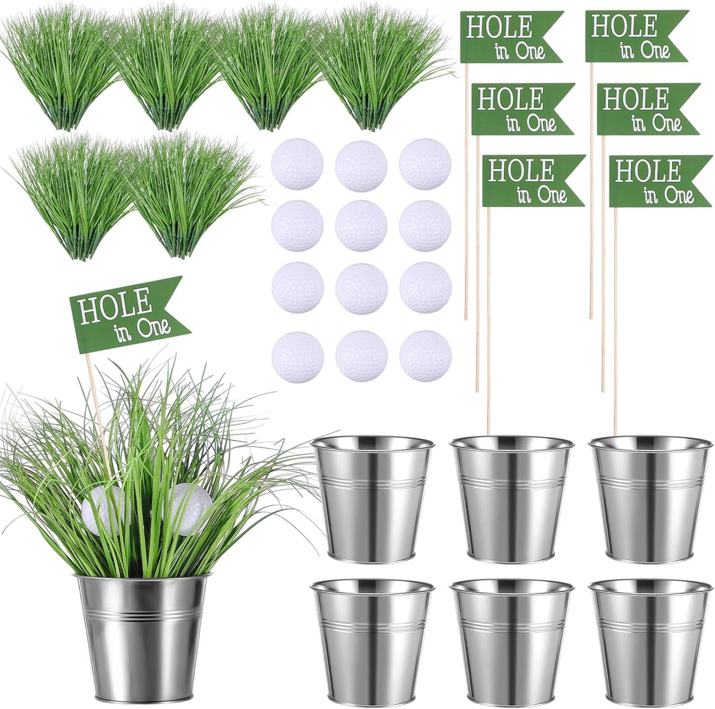 Soulchen Golf Party Table Decorations Kit - 6 Iron Buckets, 12 Mini Golf Balls & 6 Flags | Classic Sports Theme