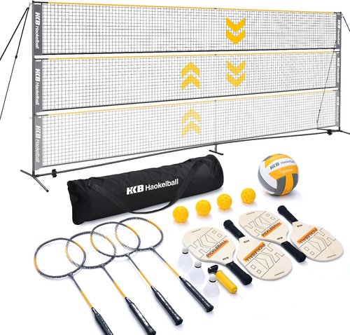 Haokelball Badminton Volleyball Pickleball Net Set - 22FT Portable All-in-One System with Adjustable Height, Includes Balls & Rackets