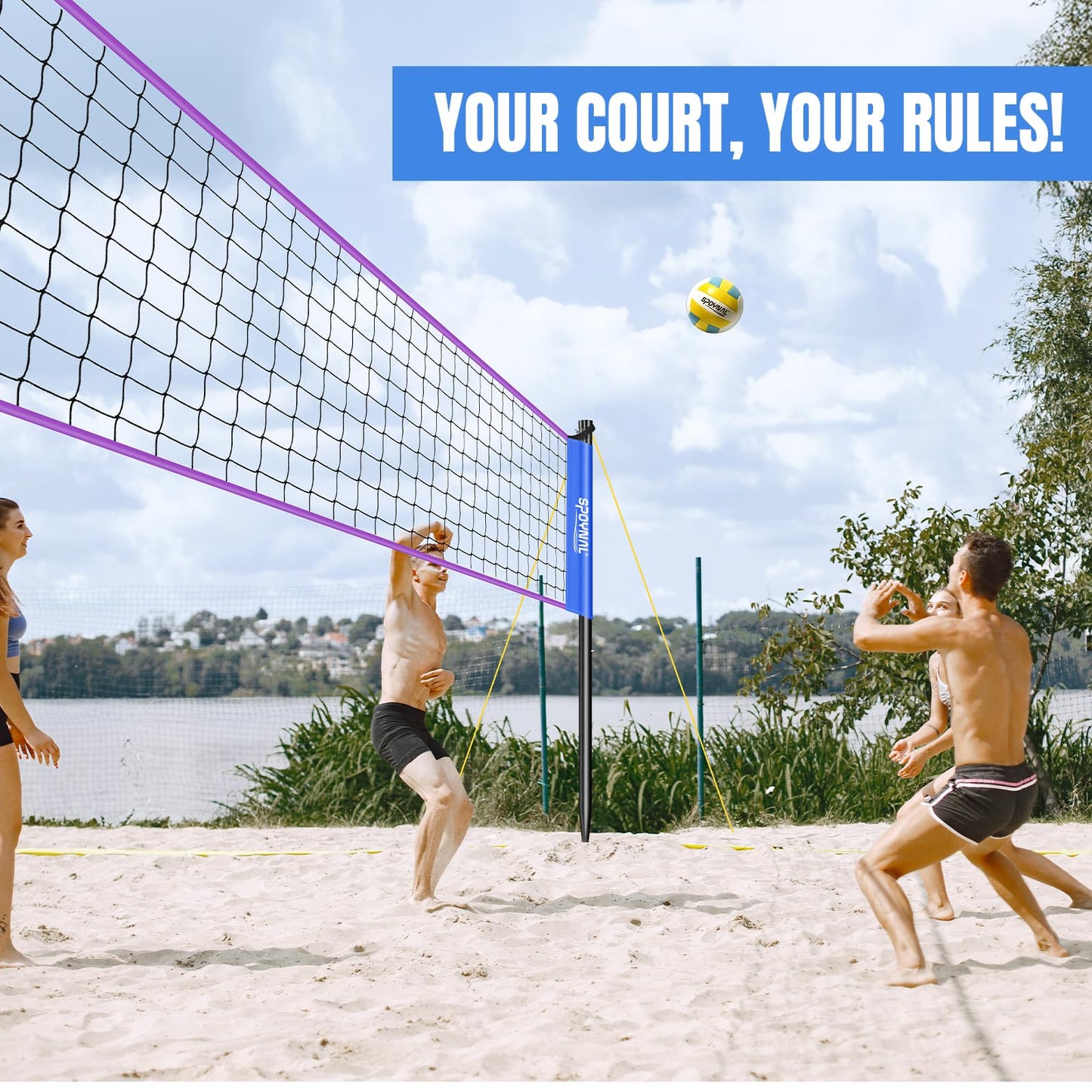 Portable Volleyball Net for Backyard, 20 FT Adjustable Height Blue&Purple