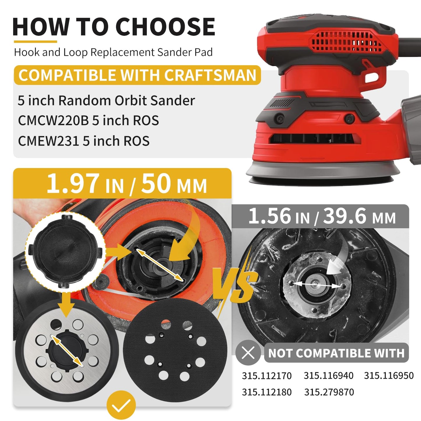 Gnellkoor Sander Pads Replacement for Craftsman, 2 Pack 5 inch 8 Hole Hook & Loop Orbital Sanding Metal Pads Compatible with Craftsman CMCW220B CMEW231 Random Orbital Sander