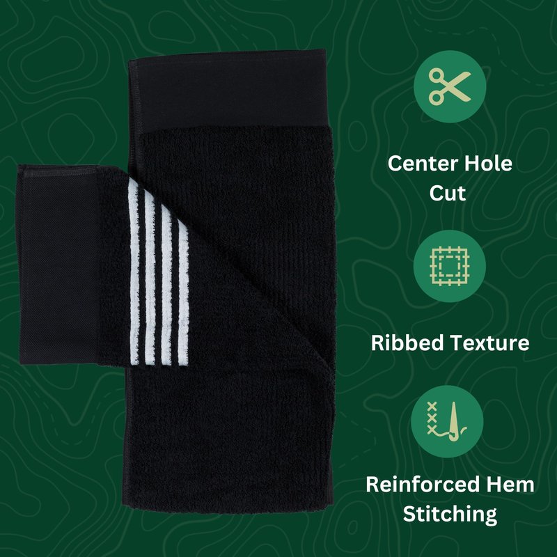 Golf Guys The Tour Towel | Large Caddy Terry Cloth, Absorbent 19 in x 44 in, Center Cut, Perfect Hang Cart Accessory and Bag, Black with White Stripes