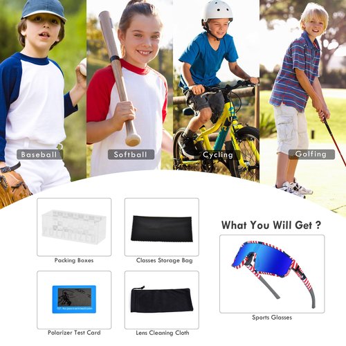 Derowern Youth Baseball Sunglasses, Kids Polarized Sports Sun glasses, Lightweight TR90 Frame UV400 Protection Outdoor Glasses for Boys Girls Softball Cycling Golf