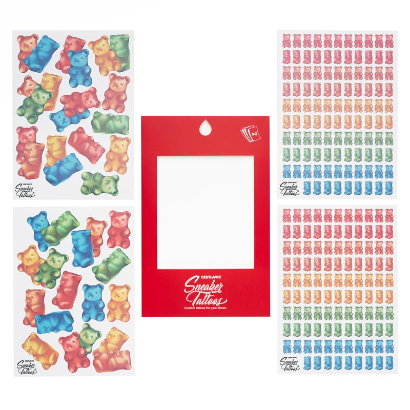 Sneaker Tattoos, 4 Custom Tattoo Sheets, 200+ Artwork, Leather Graphic Transfers (Gummy Bears)