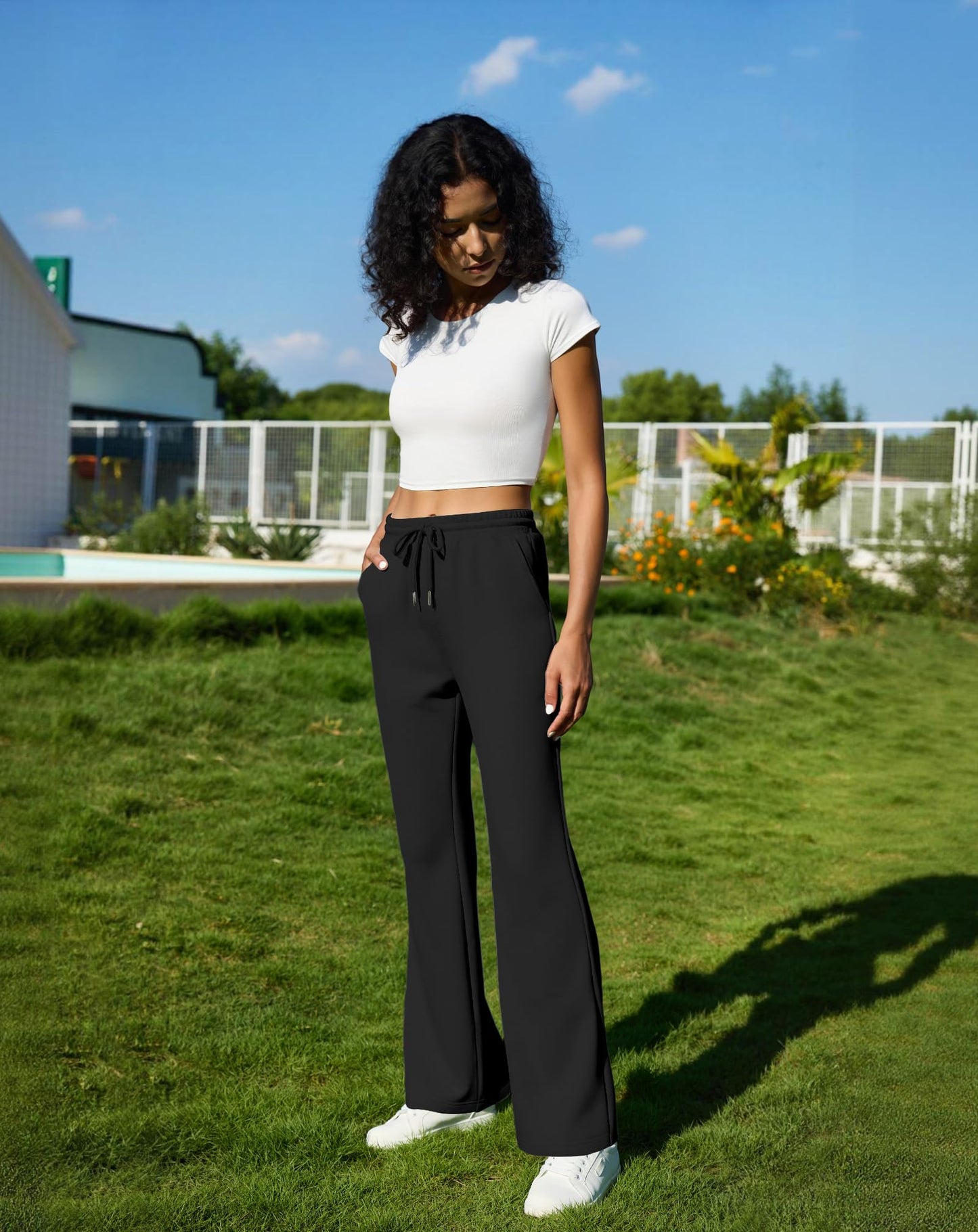 JEKAOYI Womens High Waisted Flared Sweatpants Drawstring Casual Lounge Lightweight Wide Leg Pants with Pockets Black