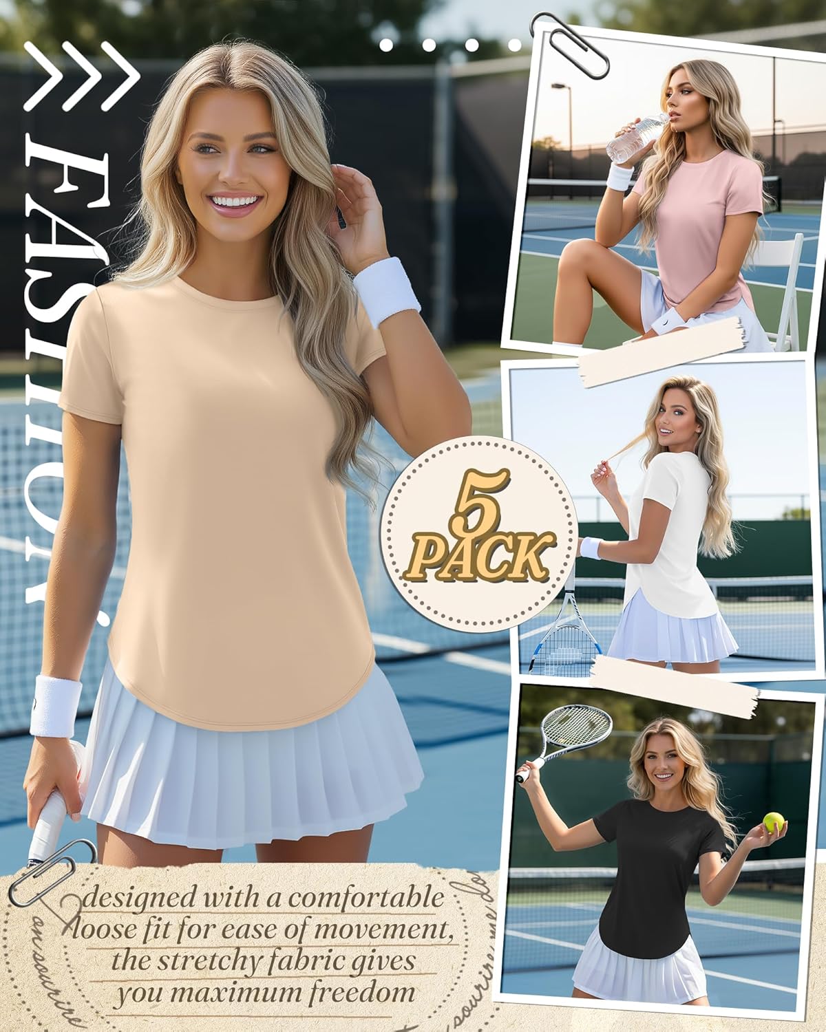 Skiennix Women's Athletic Workout Tops - Quick Dry UPF 50+ Crewneck Tees | 5 Pack with Side Slits