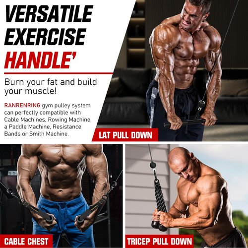 RENRANRING Pulley System, Weight Cable Pulley System for Home Gym,Cable Machine Attachment with 2 in 1 LAT Pull Down Bar,Tricep Rope,Long Strap,Exercise Handles for Biceps Curl, Forearm