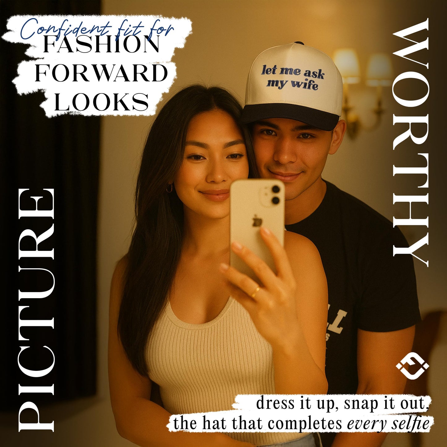Funky Junque Canvas Snapback Trucker Hat - Father's Day, Funny Mom Hat, Baseball Cap for Mom & Dad - Let Me Ask My Wife - Beige/Navy
