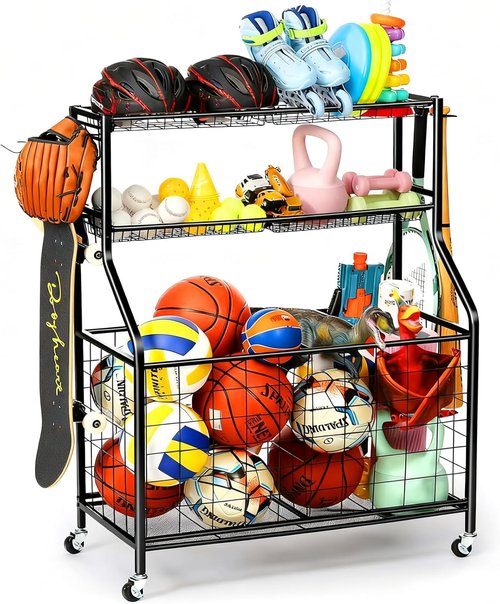 Kinghouse Basketball Rack - Durable Steel Sport Equipment Organizer with Bat Holder & Hooks | Easy Assembly for Garage & Home Gym