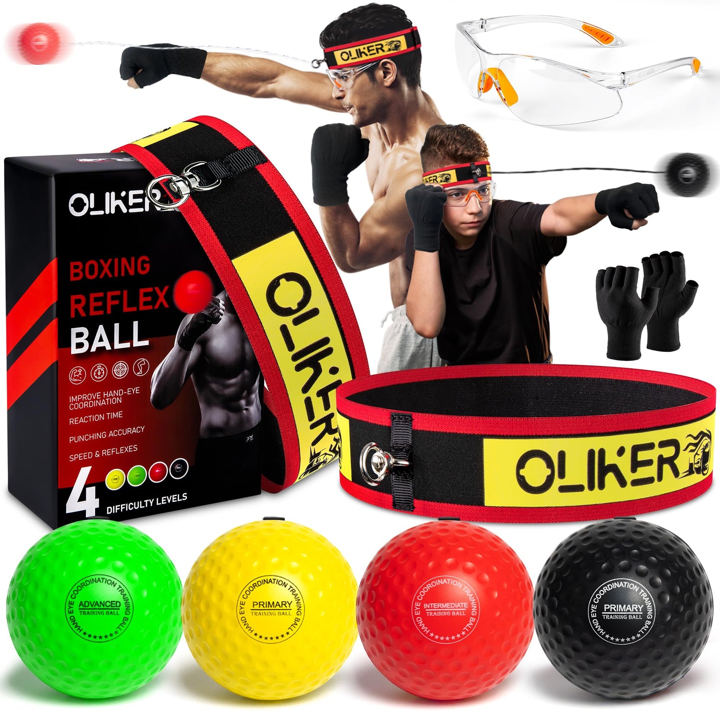 OLIKER Boxing Reflex Ball for Adults and Kids, 4 Levels Boxing Ball with Adjustable Headbands, Perfect for Reaction, Agility, Punching Speed, Fight Skill and Hand Eye Coordination Training (Set-2)