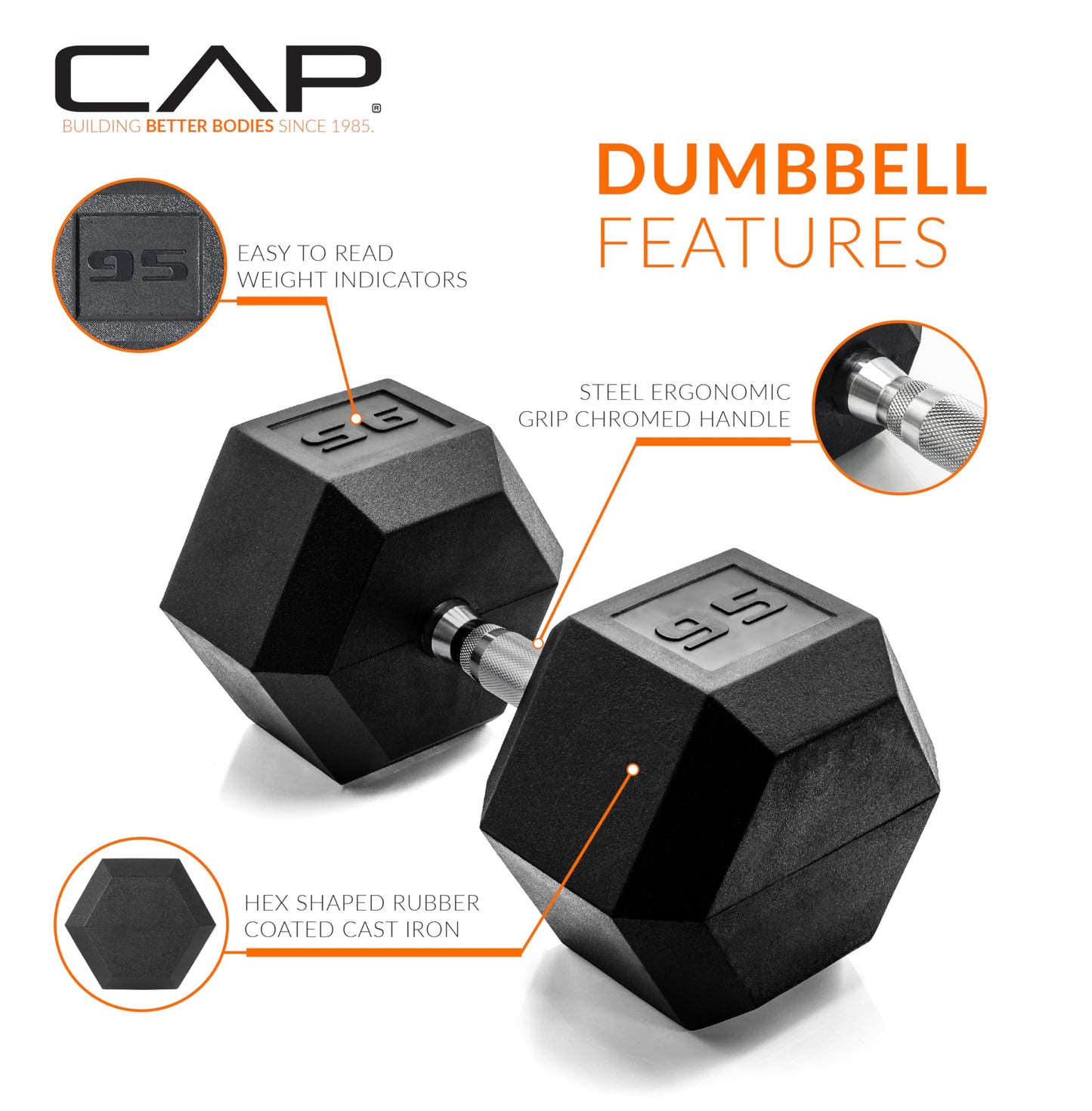 CAP 95 LB Rubber Coated Hex Dumbbell Weight, Rubber Free Weights for Home Gym Strength Training, Chrome Handle, Single
