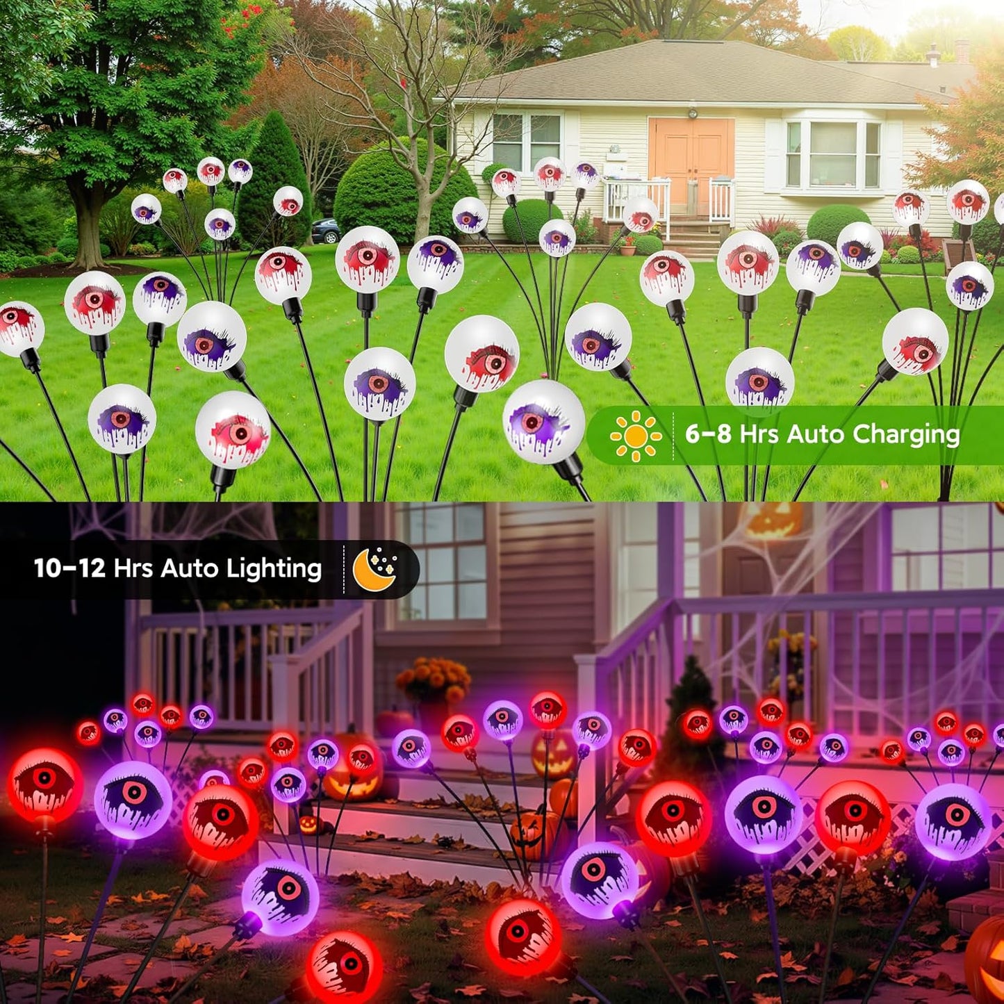 Solar Halloween Lights - 6 Pack 36 LEDs Purple & Orange Waterproof Eyeballs for Outdoor Yard Decor