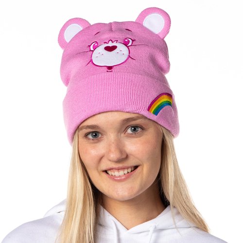 Care Bears Embroidered Face and Belly Badges with 3D Ears Cuff Knit Adult Beanie- 4 Styles Available Grumpy, Share, Cheer, Funshine (Cheer Bear)