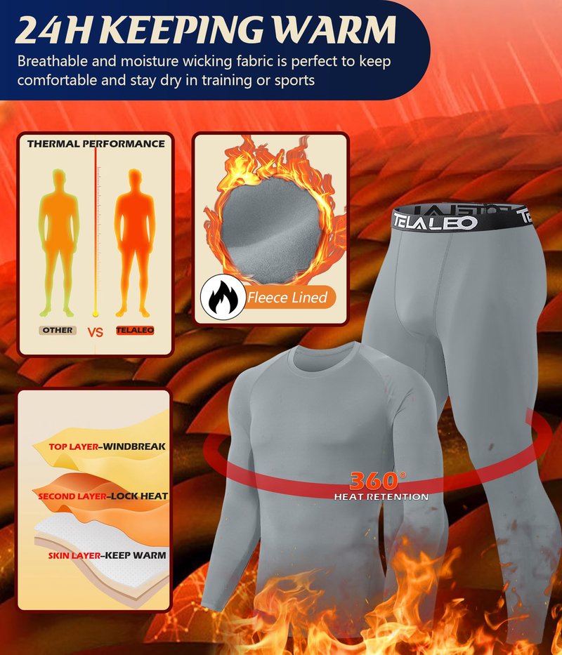 TELALEO 2 Set Mens Thermal Underwear Fleece Lined Long Johns 4 Pcs Base Layer Shirts Pant for Cold Winter Weather L