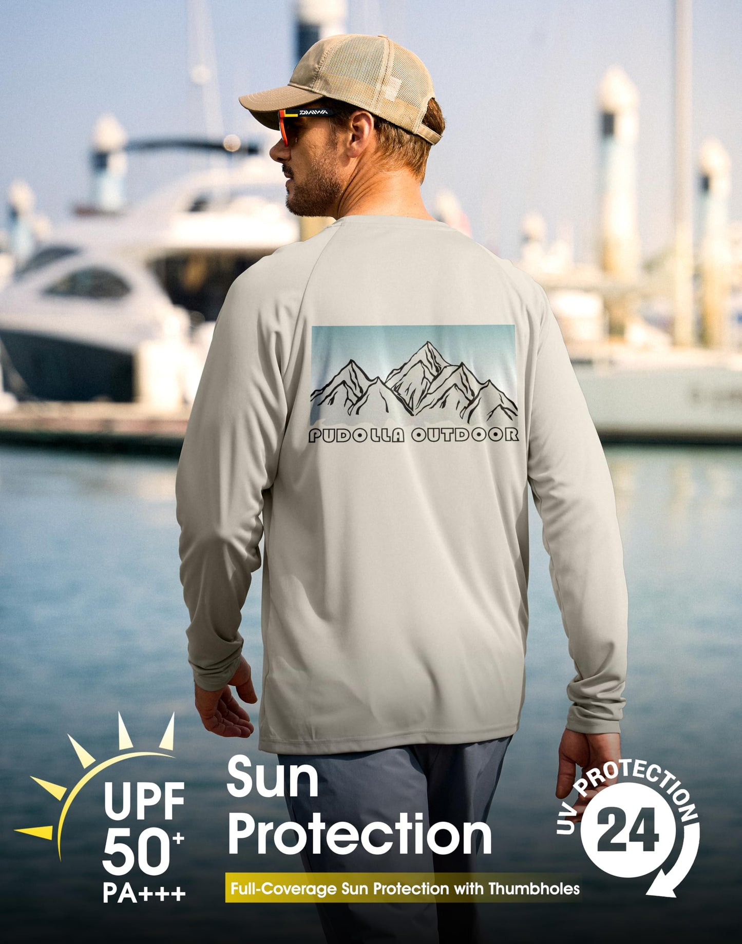Pudolla Men's Sun Protection Long Sleeve Shirts UPF 50+ Fishing Swim Shirts Lightweight Quick Dry Rash Guard Hiking Shirts(Grey/Mountain Large)