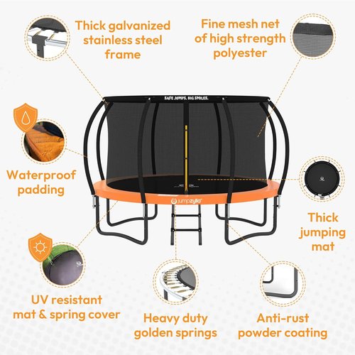 JUMPZYLLA Trampoline - Outdoor 8FT to 16FT with Enclosure, Non-Slip Ladder & Anti-Rust Frame - ASTM Approved