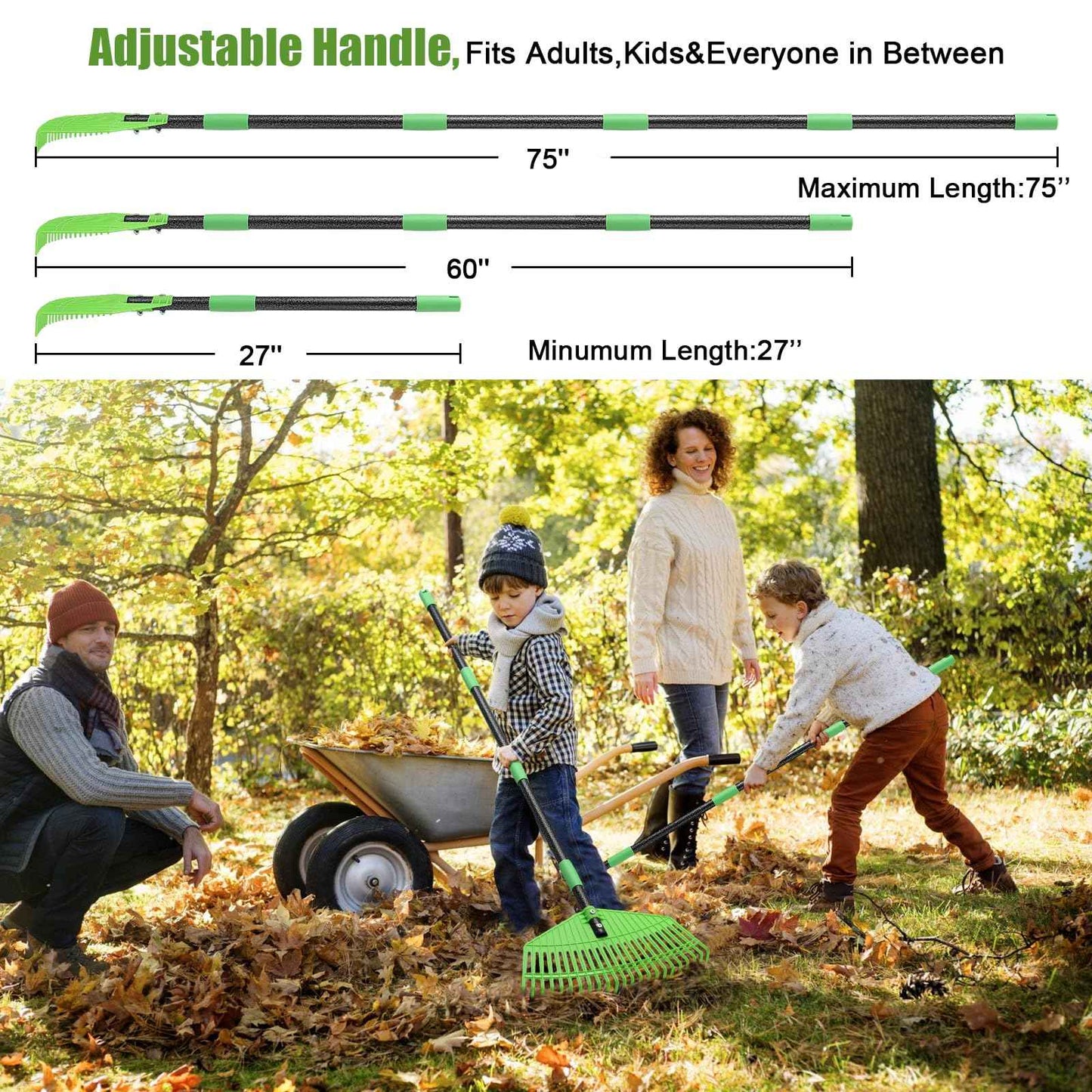 Poly Garden Rake for Leaves - 16.5'' Plastic Leaf Rake for Yard Lawn, 75'' Adjustable Outdoor Heavy Duty Rakes for Sweep Leaves,Grass, Pine Needle,Lightweight Long Handle for Women Seniors Kids