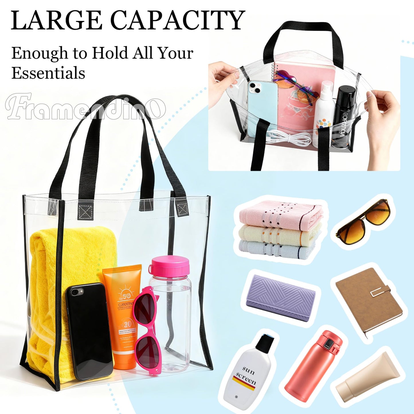 Framendino, 2 Pack Clear PVC Plastic Tote Bag Stadium Approved 12 x 6 x 12With Handles for Work Gym Beach Sports