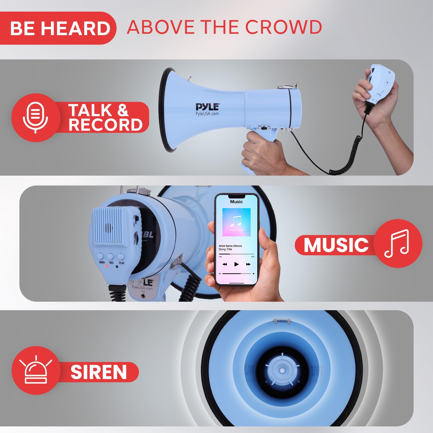 Pyle 50W Megaphone Bullhorn - Portable, Automatic Siren & Adjustable Volume, Projection Range Up to 1200 Square Yards, Aux Input, Talk, Siren, Music, Whistle, & Record, Shoulder Strap