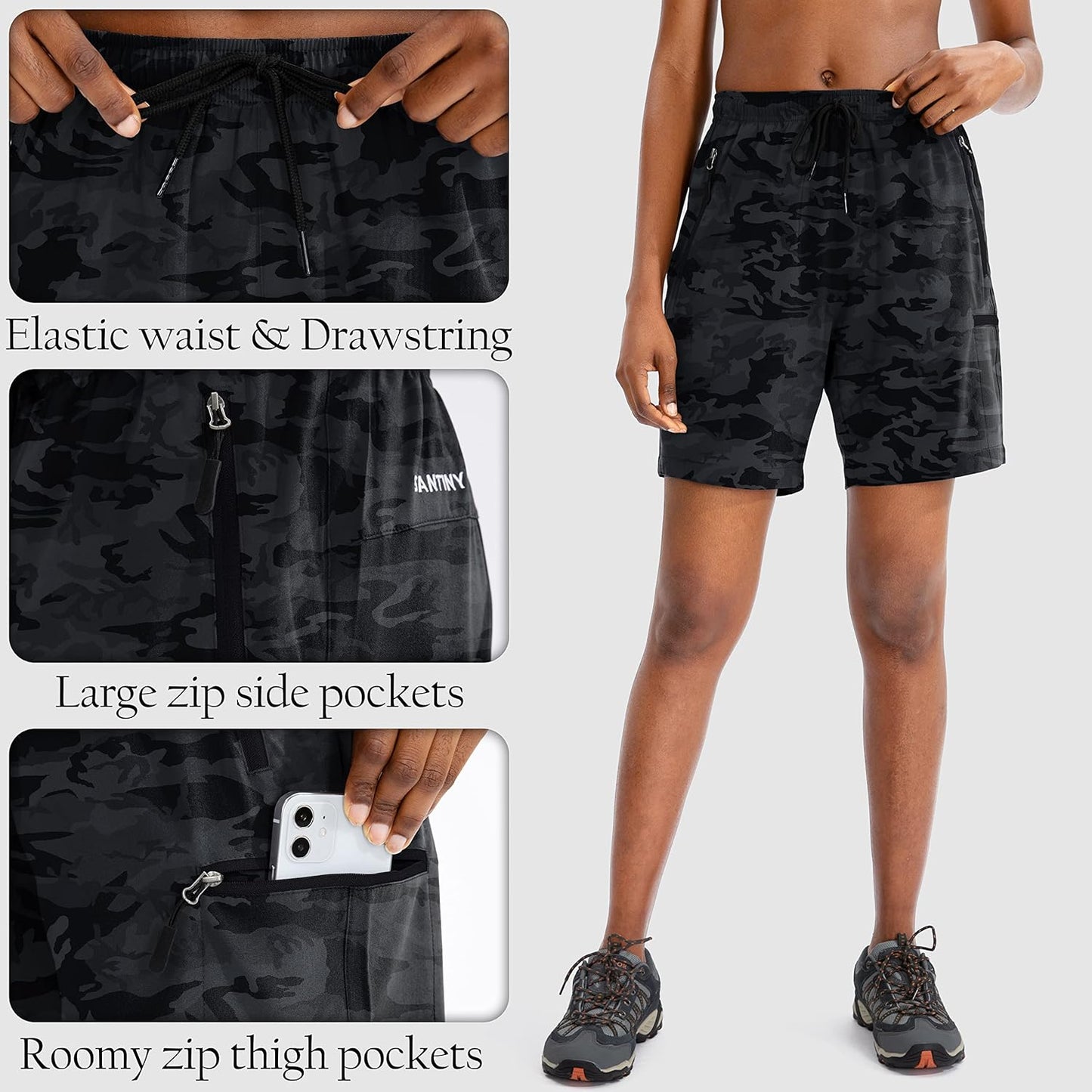 SANTINY Women's Quick-Dry Hiking Cargo Shorts - Lightweight Summer Athletic Shorts with Zipper Pockets | 5''/7''/9'' Sizes