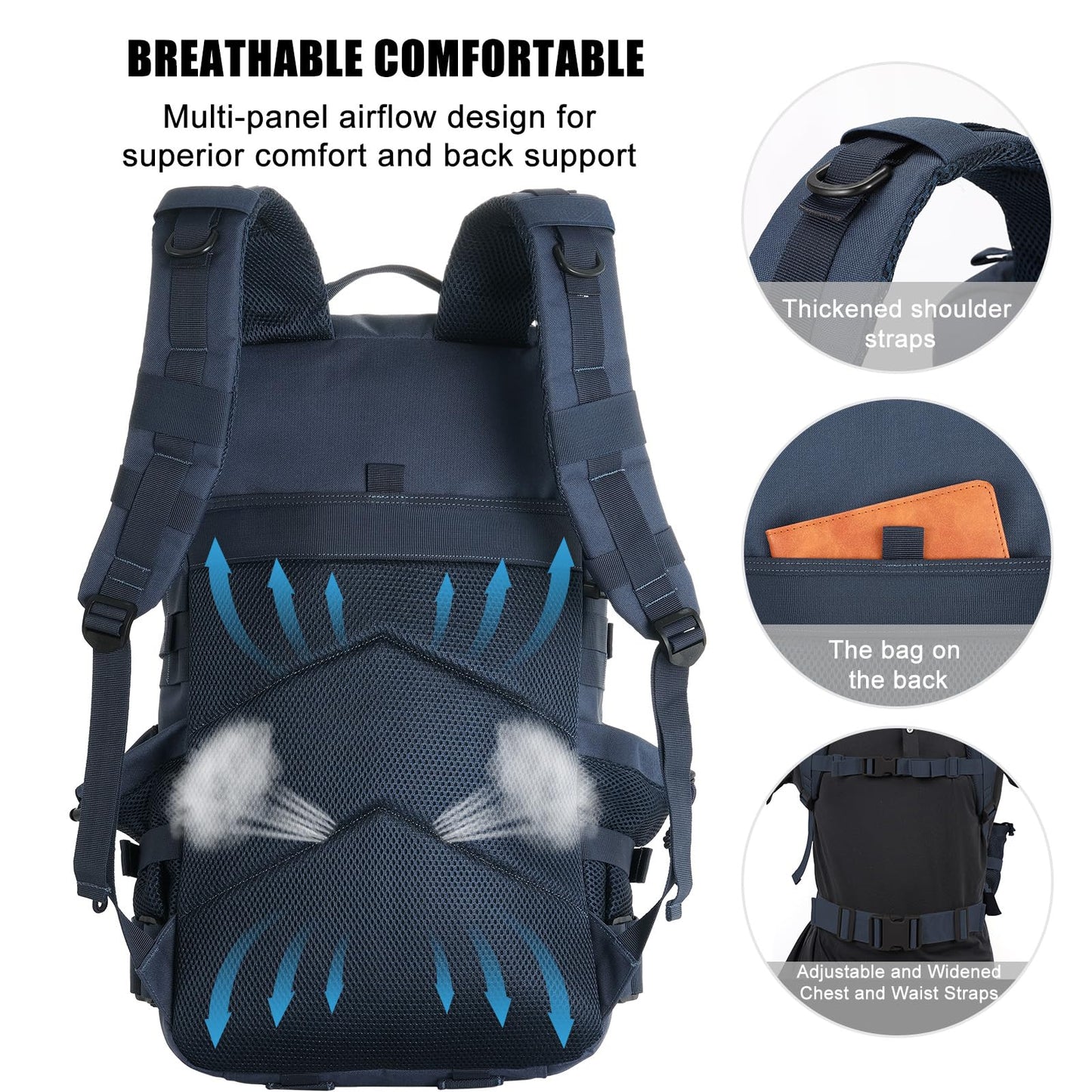 kookoomia Military Tactical Backpack 25L Day Backpack for Men Molle Army 3 Days Assault Pack Bug Out Bag Water Resistant and Heavy Duty Hiking Treeking Rucksack - Dark Blue