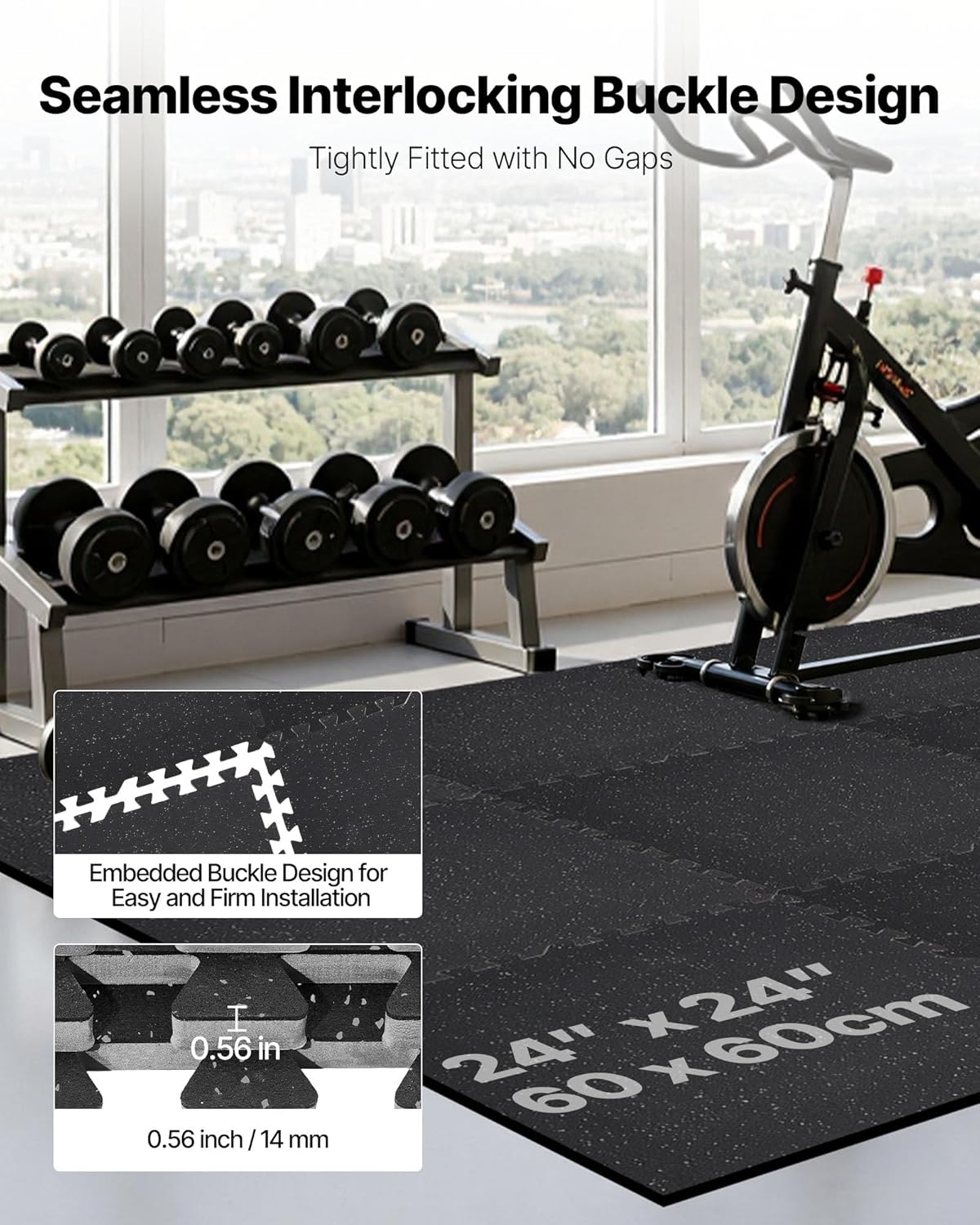 VEVOR Gym Flooring Tiles - 0.56 Inch Thick, High-Density EVA Foam, 24 x 24 Inch, Black & Gray, 96 sq.ft