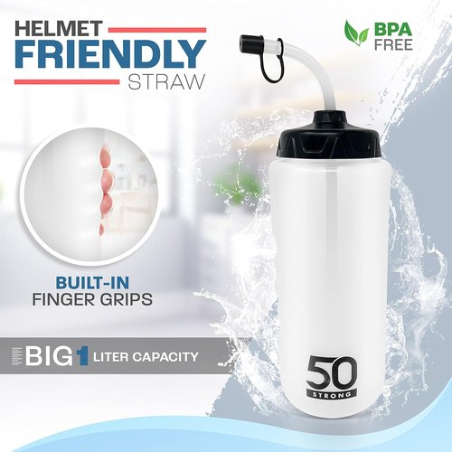 50 Strong 1 Liter Water Bottle | 2-Pack BPA-Free Sports Bottles with Long Straw & Grip - Made in USA