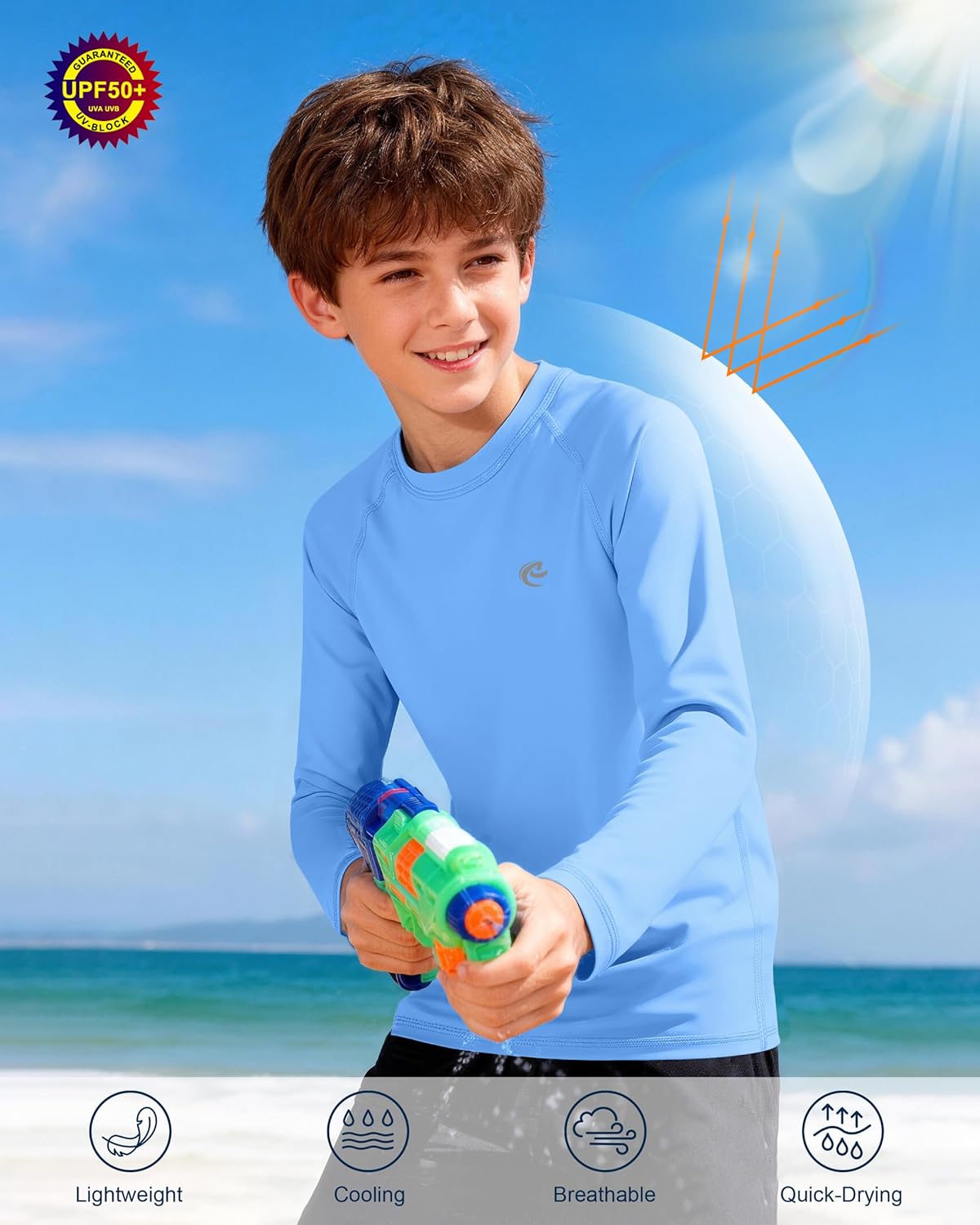 Skiennix Boys UPF 50+ Long Sleeve Swim Shirt - UV Sun Protection Rash Guard | Youth SPF Water Shirt