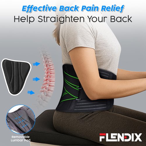 Flendix Lower Back Brace for Lower Back Pain, Breathable Back Support Belt, Lumbar Support for Men and Women, Back Brace with Adjustable Support Straps and Removable Lumbar Pad for Work & Everyday Use (Green, XL (Waist 37.8"-42.3"))