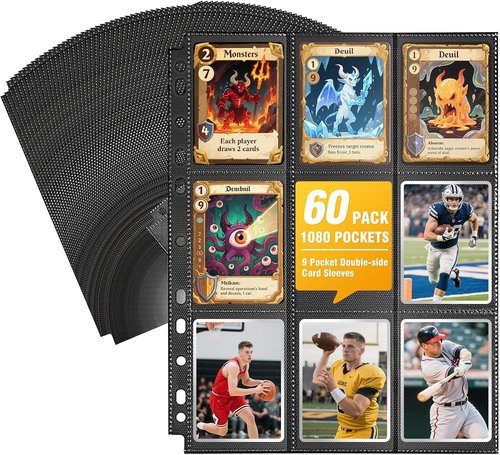 1080 Pockets Black Trading Card Sleeves by [Brand Name] - Double-Sided, Thickened Page Protectors for MTG, Yu-Gi-Oh!, Baseball Cards | 60 Pack
