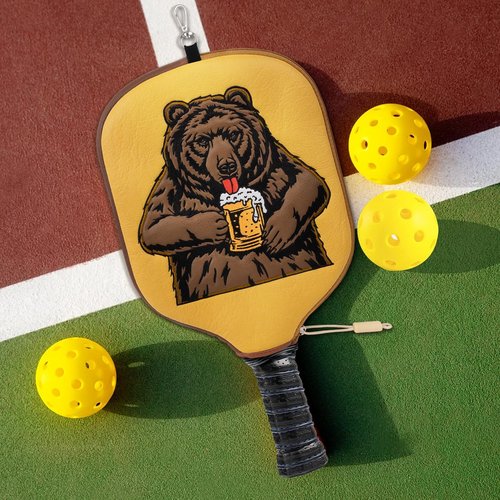 Big Crazy Pickleball Paddle Cover - Leather Case With Hangable Hook, Zipper for Paddle Protection - Bear Design - Gift for Players