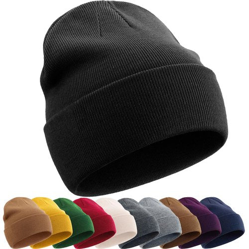 Cotton Beanie Hat for Women Men, Double Warm Knit Winter Hats, Fisherman Slouchy Ski Cuffed Beanies Skull Cap Black
