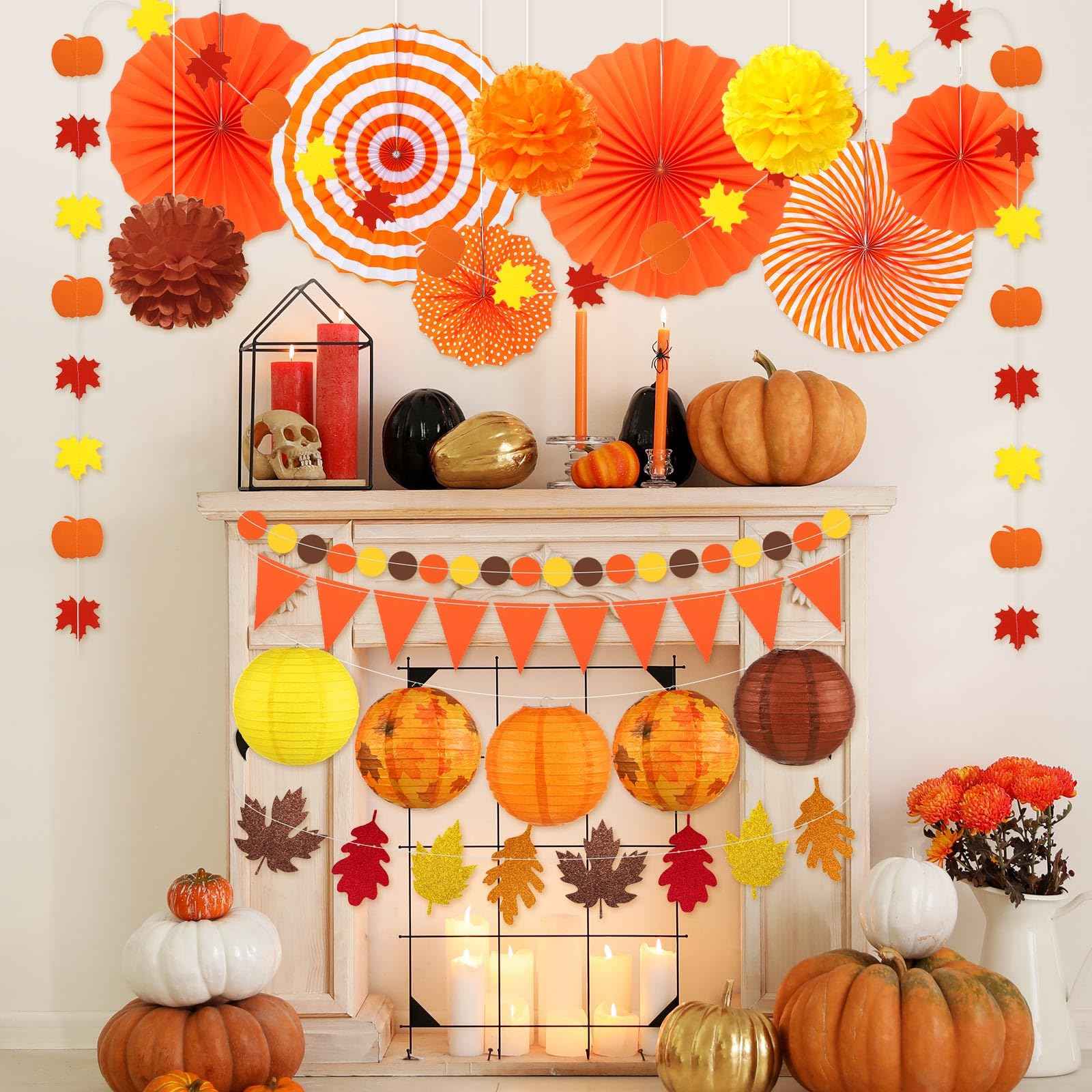 Yexiya 18 Pcs Fall Party Decoration Includes Fall Paper Lanterns Autumn Paper Fans Pompoms Maple Leaf Garlands Flower Balls Hanging Ceiling Decorations for Thanksgiving Harvest Wedding