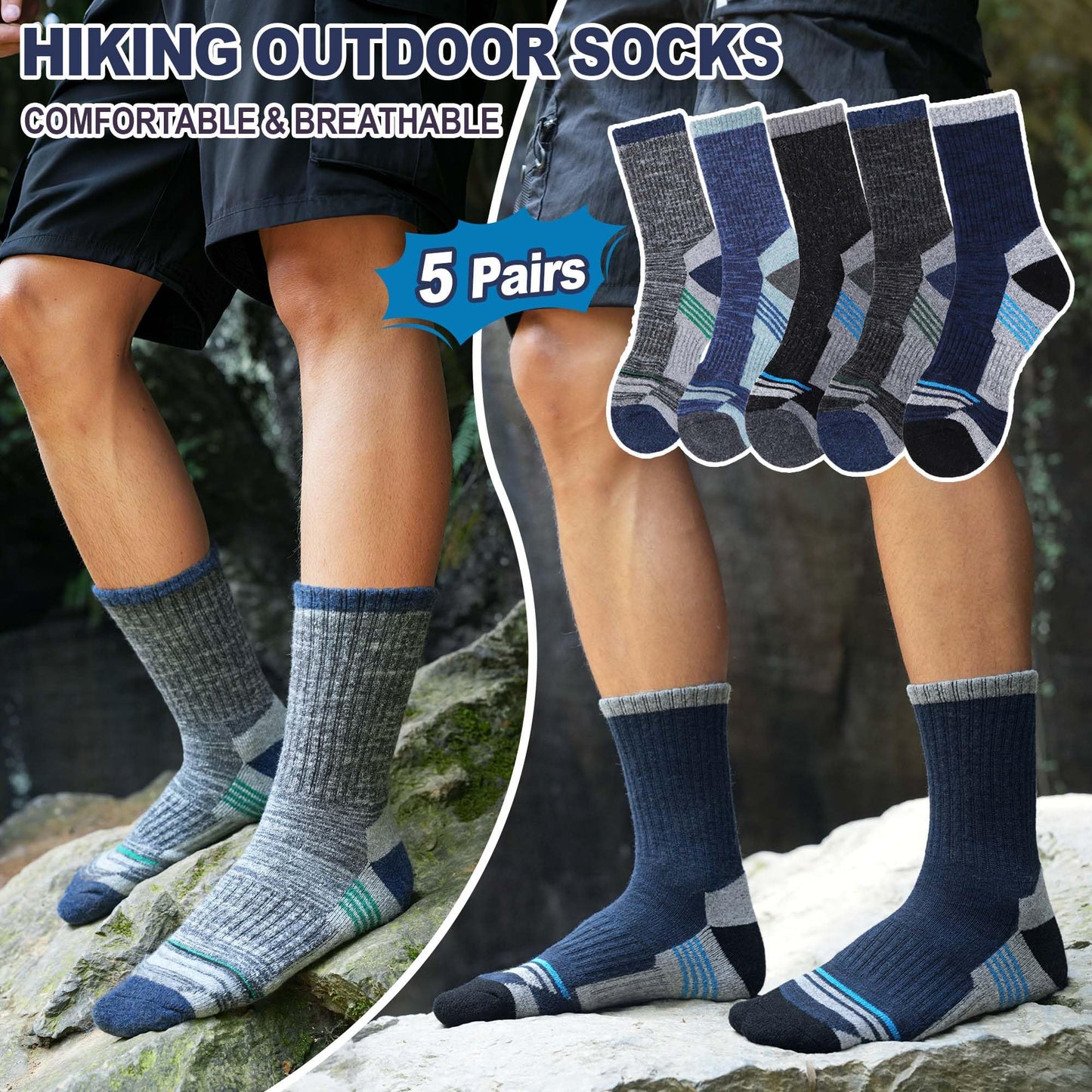 MOGGEI Merino Wool Hiking Socks for Men Thermal Warm Winter Cozy Crew Work Socks 5 Pairs Gifts Stocking Stuffers(Grey/Blue/Dark Blue/Black,L)