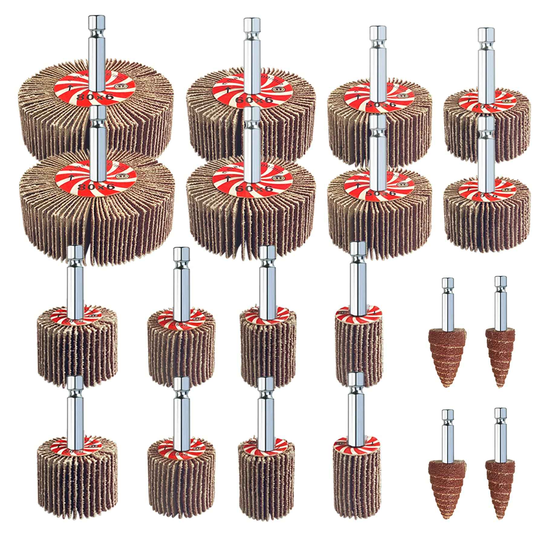 AUPREX 20 Pcs Abrasive Flap Wheel Sander Set, 80 Grits Drill Sander Attachment with 1/4 Inch Hex Shank, Die Grinder Sanding Wheel Accessories 10 Sizes