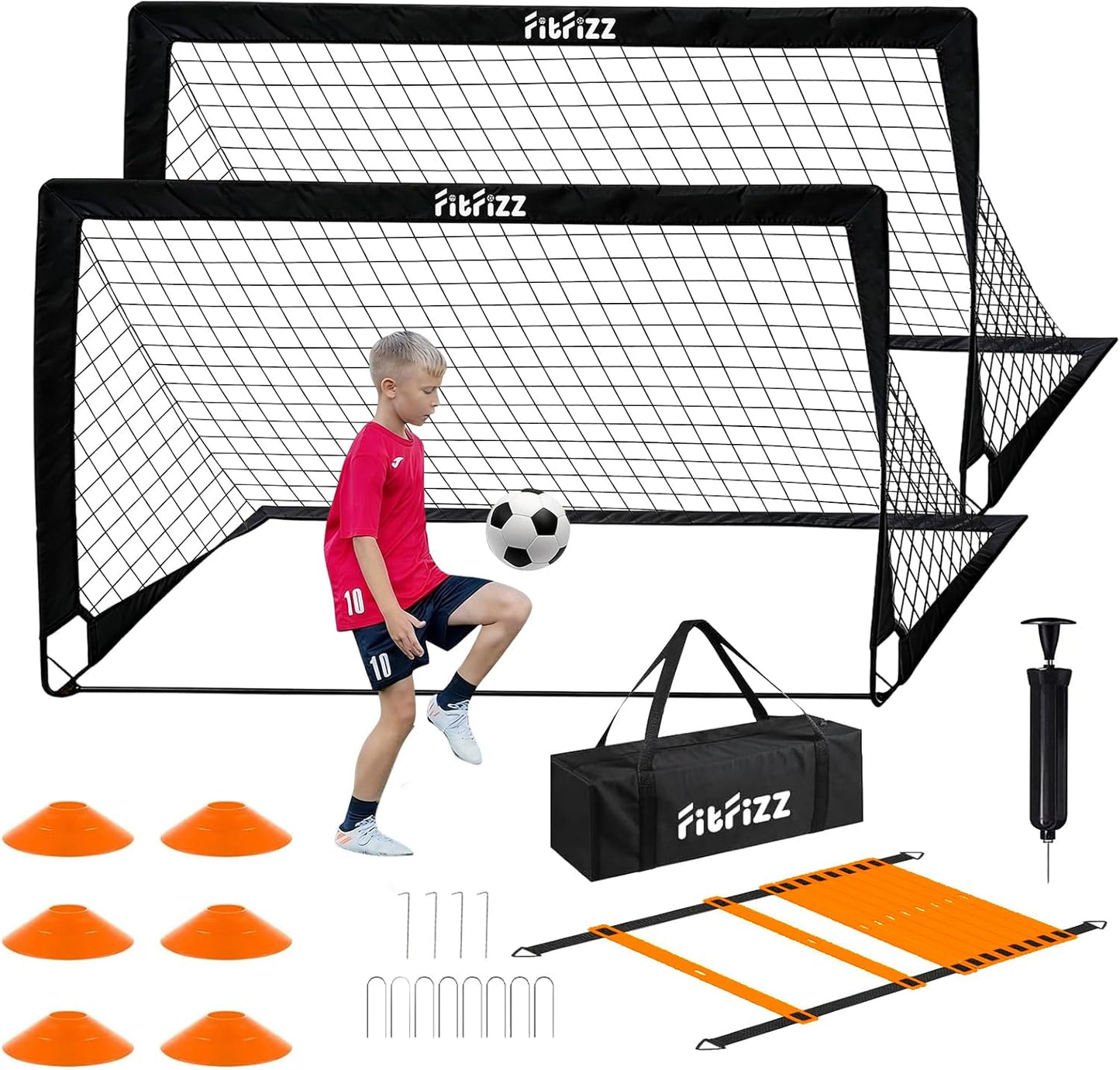 Skiennix Soccer Goal - 6x4ft Portable Pop-Up Net Set with Ball, Ladder & Cones for Backyard Training