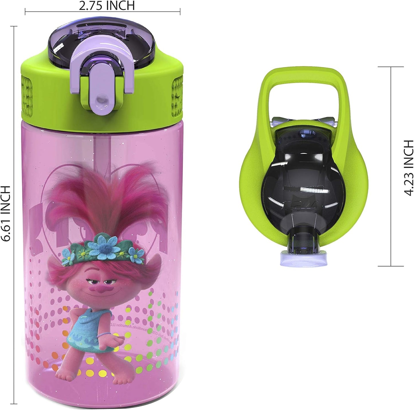 Zak Designs DreamWorks Trolls 2 Kids Water Bottle - Durable Leak-Proof Design | 16oz, 2-Pack
