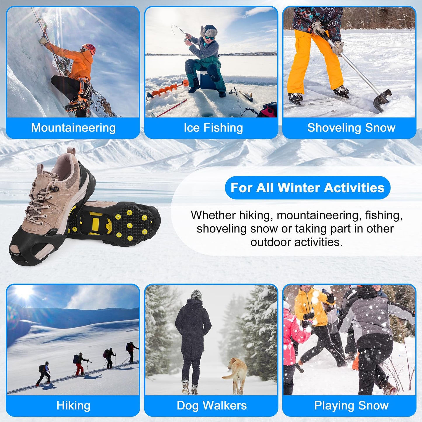 Ice Cleats for Shoes and Boots Crampons Anti Slip Snow Traction Cleats 11 Studs Snow Grippers Overshoe for Men Women Walking on Snow and Ice Slip-on Stretch Footwear
