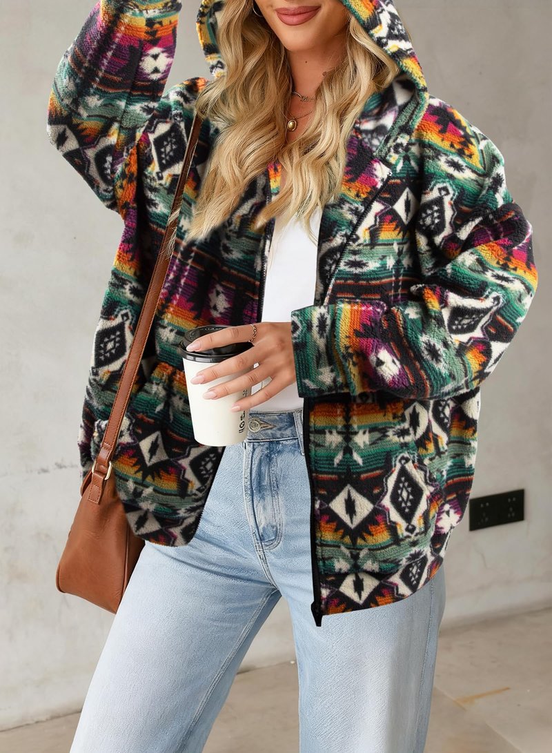 LUKYCILD Womens Western Aztec Print Zip up Hoodies Sweatshirt Sherpa Fleece Jacket Coat with Pockets Casual Warm Outwear