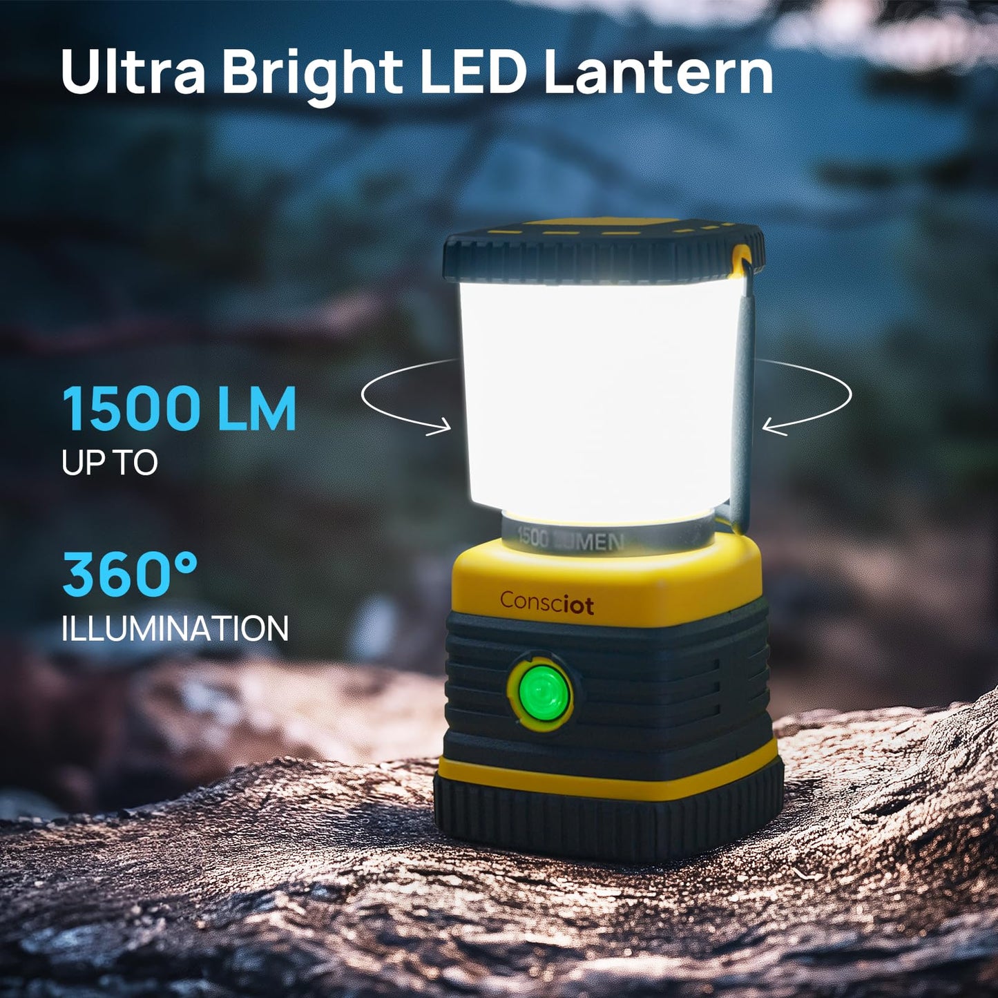 LED Camping Lantern, Consciot C02 USB-C Rechargeable Camping Lights, 1500LM, 5 Light Modes, Up to 100H Run Time, IPX4 Waterproof, Dimmable Tent Lights for Power Outages
