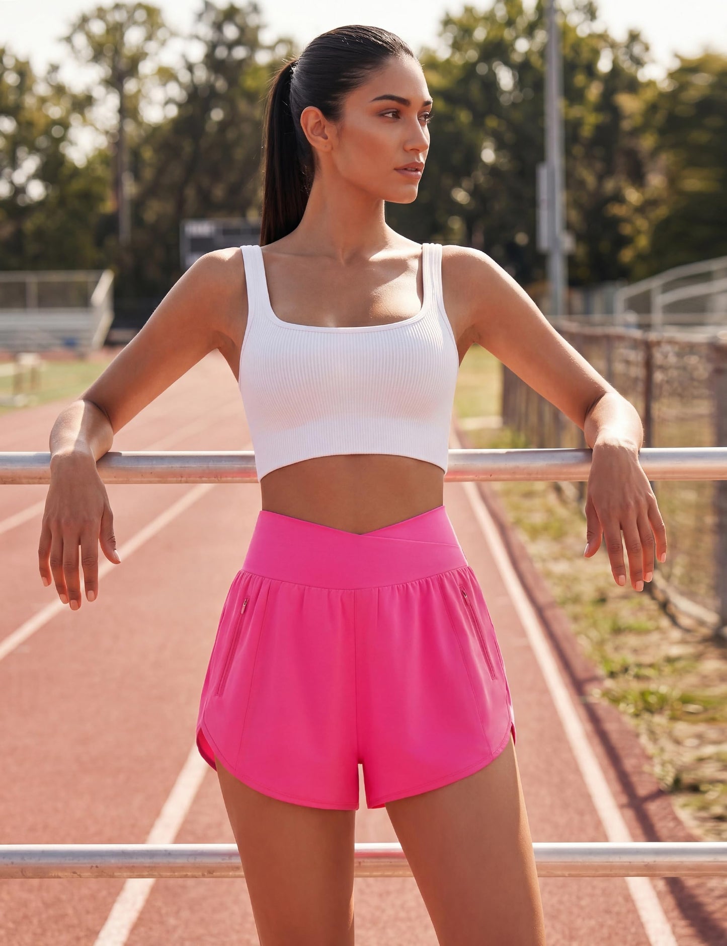 BMJL Women's Athletic Shorts High Waisted Running Short Pockets Gym Elastic Quick Dry Workout Shorts 2.5"(M,Hot Pink)