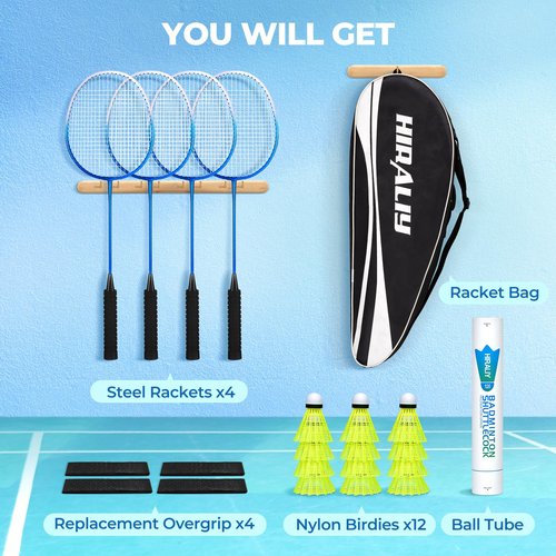 HIRALIY Badminton Rackets Set for Backyards, Badminton Set, Includ 4 Rackets, 12 Birdies, 1 Carrying Bag, 4 Grip Tapes, Outdoor Game for Adult Family Beginner (4 Player(4 Racket 12 Birdies))
