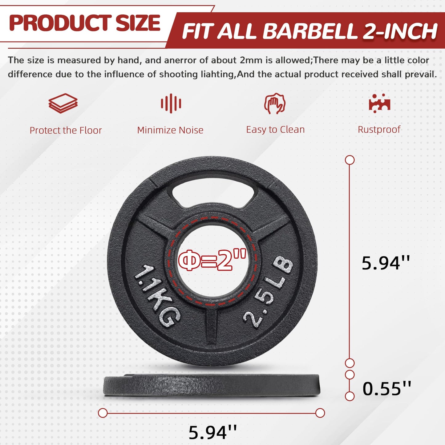 Fitvids Olympic Cast Iron 2-Inch Weight Plate for Strength Training & Weightlifting, 2.5LB Set of 4