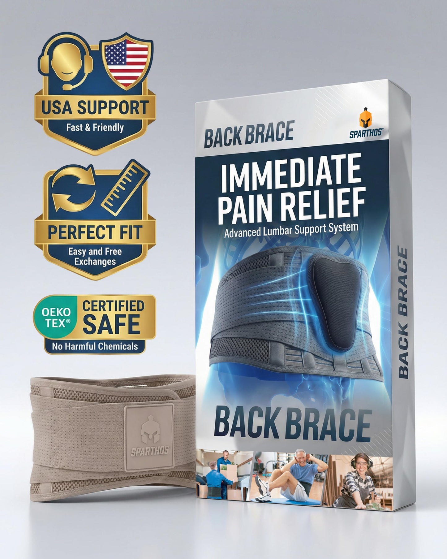 Sparthos Back Brace for Women & Men, Sciatica, Lower Back Pain - Taupe-MD