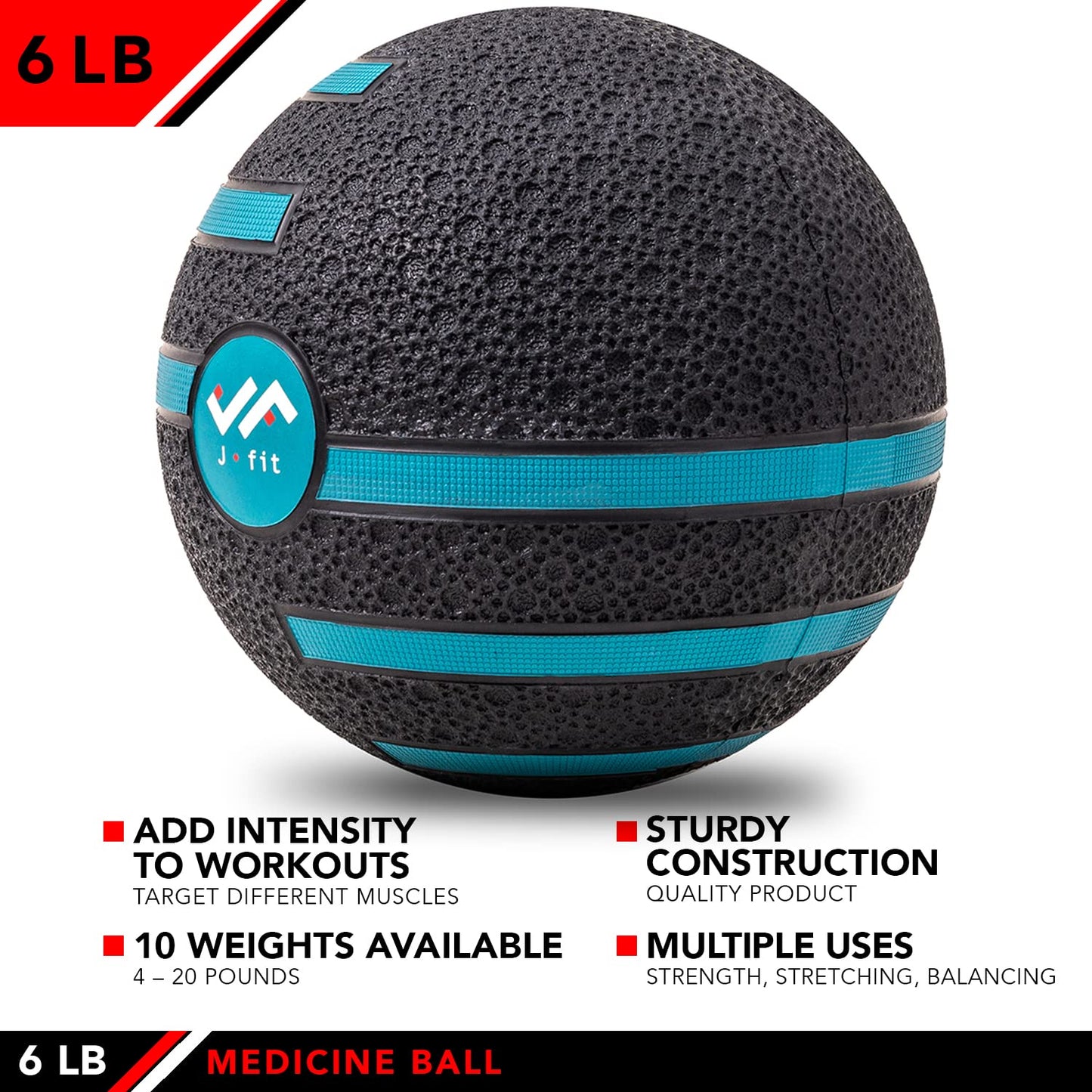 JFIT Dual Texture Medicine Ball – Weighted Exercise Ball for Strength, Core & Functional Fitness Training - 6 LB