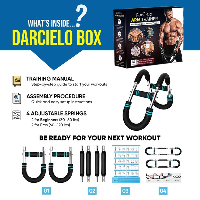 Darcielo Twister Arm Trainer for Men 30-120lb, 4-Springs Arm Twister Exerciser, Arm Trainer Chest Workout Flex Bar - Chest Trainer for Men - Arm Workout Equipment , Arm & Chest Muscle Trainer (Blue)
