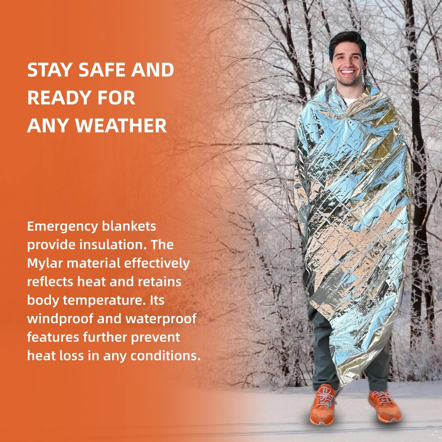 Phafaloop 50 Pack Emergency Thermal Blanket Survival, Mylar Blankets for Outdoor, Space Blanket, Silver Foil for Survival, Survival Kit Camping Blankets, Body Warmer, First Aid, Hiking 84” x 52”