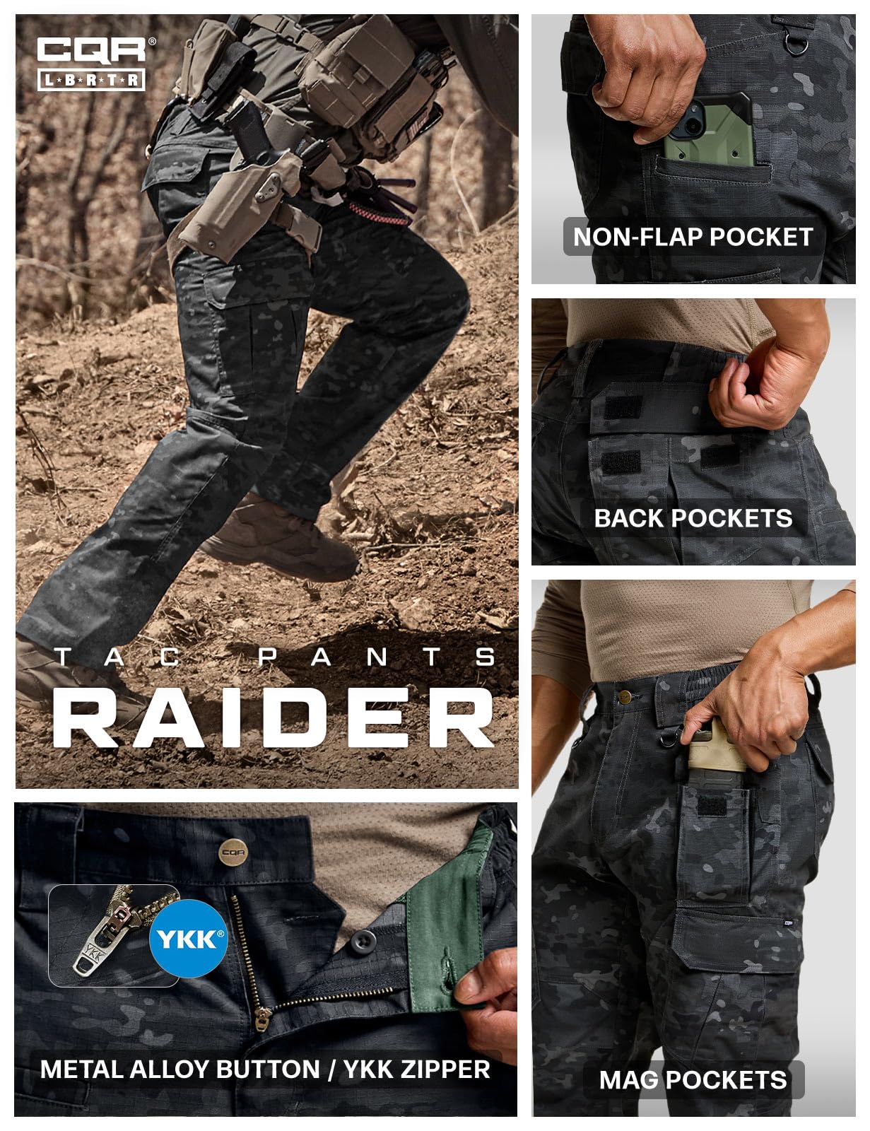 CQR Men's Tactical Pants, Water Resistant Ripstop Cargo Pants, Lightweight EDC Work Hiking Pants, Outdoor Apparel, Duratex Mag Pocket Print Utility Camo Black, 36W x 30L