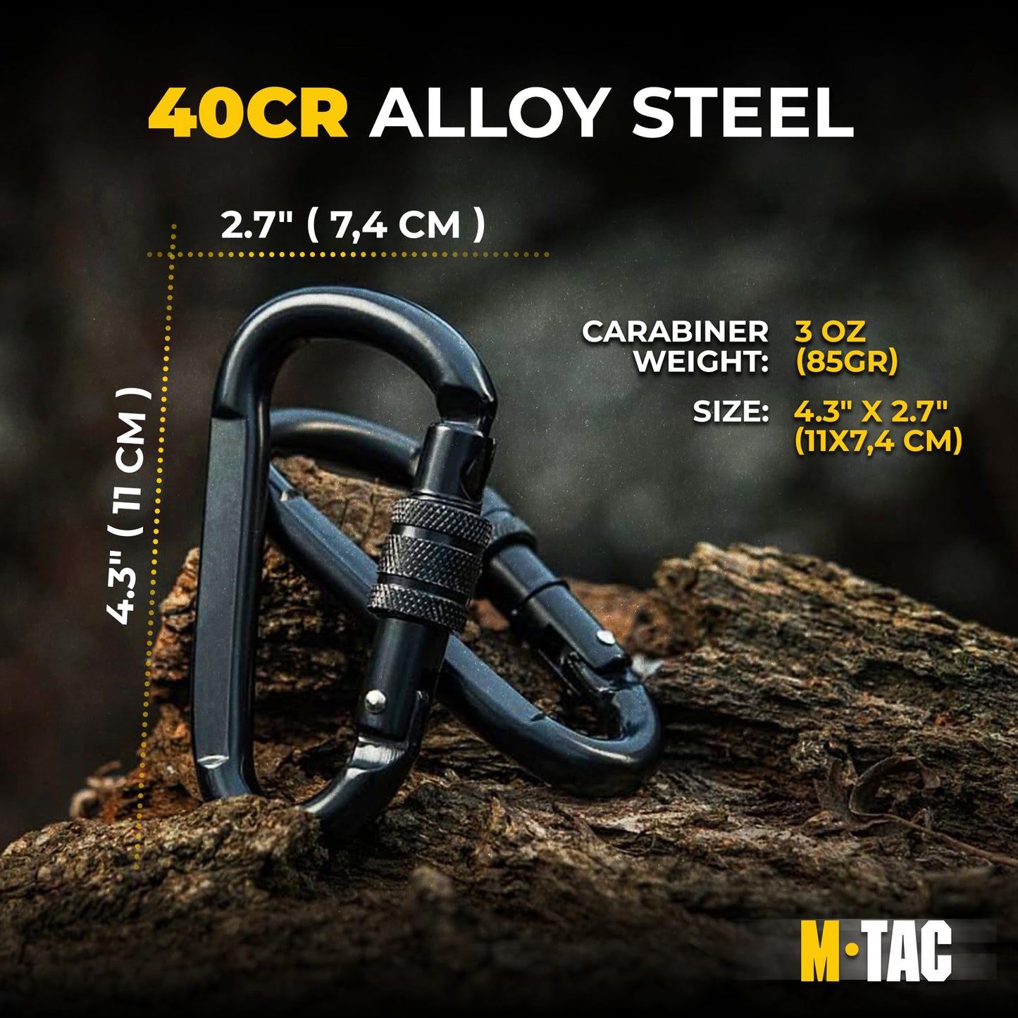 M-Tac 4" Heavy Duty Carabiner 27 kN (6070 lbs) - Twist Lock - Auto Locking Steel Carabiner Clip (Pack of 2)